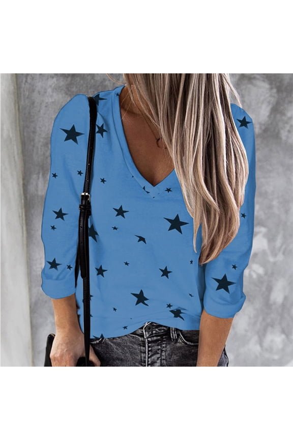 Women Fashion Casual V-Neck Long Sleeve Star Printed Tops T-Shirt Blouse Plus Size Tops for Ladies Autumn Winter Casual Loose Tunic Blouse Blue XL