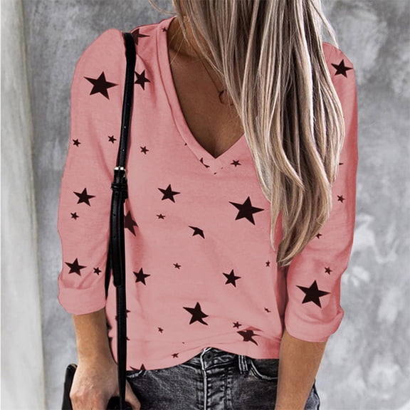 Abcnature Women Fashion Casual V-Neck Long Sleeve Star Printed Tops T-Shirt Blouse Plus Size Tops for Ladies Autumn Winter Casual Loose Tunic Blouse Pink S
