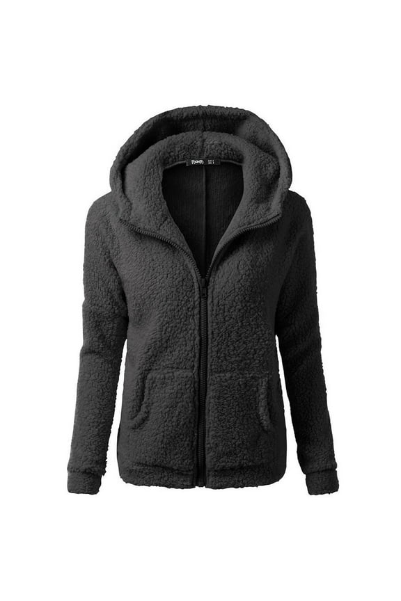 Women Hooded Sweater Coat Warm Wool Zipper Coat Cotton Coat Outwear Black 4XL