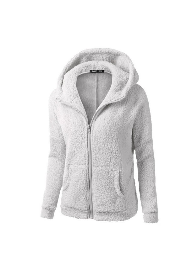 Women Hooded Sweater Coat Warm Wool Zipper Coat Cotton Coat Outwear Light Gray M