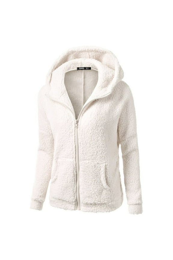 Abcnature Women Hooded Sweater Coat Warm Wool Zipper Coat Cotton Coat Outwear White S