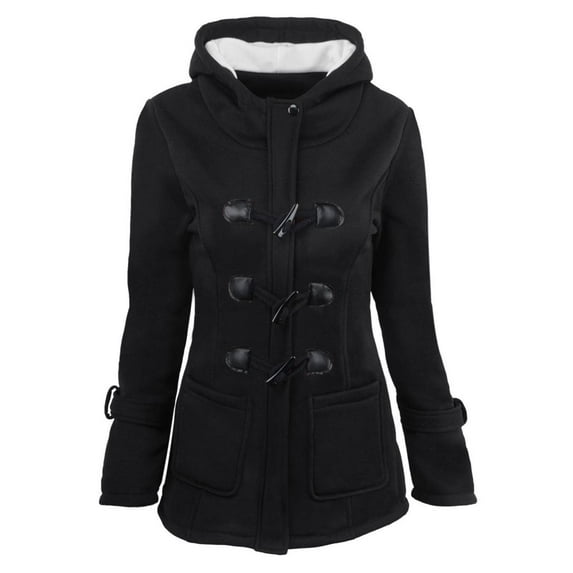 Abcnature Women Horn Buttons Cardigan Padded Hooded JacketOvercoat Black S
