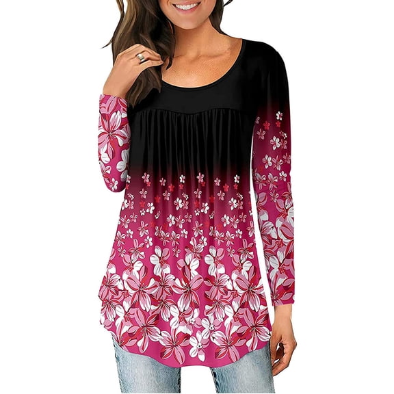 Abcnature Women Ladies Loose Print O-neck Long Sleeve T Shirt Polluver Blouse Tops Plus Size Tops for Ladies Autumn Winter Casual Loose Tunic Blouse Hot Pink L