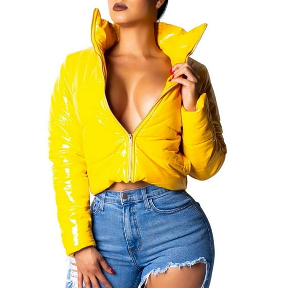 Abcnature Women Long Sleeve Glossy Leather Bread Down Jacket Zipper Pockets Coat Yellow M