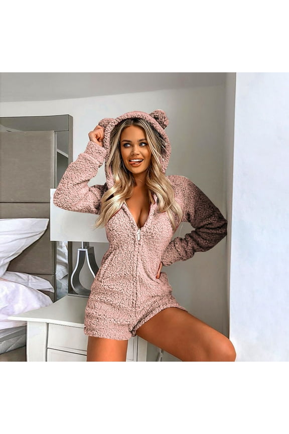 Women Long Sleeve Hooded Jumpsuit Pajamas Casual Winter Warm Rompe Sleepwear Plus Size Tops for Ladies Autumn Winter Casual Loose Tunic Blouse Pink S