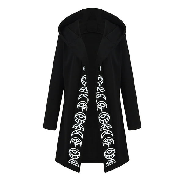 Abcnature Women Long Sleeve Punk Moon Print Hooded Black Cardigan Coat Plus Size Black XL