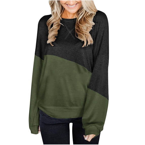 Abcnature Women O-Neck Stitching Contrast Color Long Sleeve Fashion Casual Blouse Plus Size Tops for Ladies Autumn Winter Casual Loose Tunic Blouse Black S