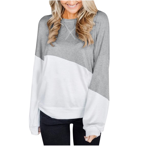 Abcnature Women O-Neck Stitching Contrast Color Long Sleeve Fashion Casual Blouse Plus Size Tops for Ladies Autumn Winter Casual Loose Tunic Blouse Gray M