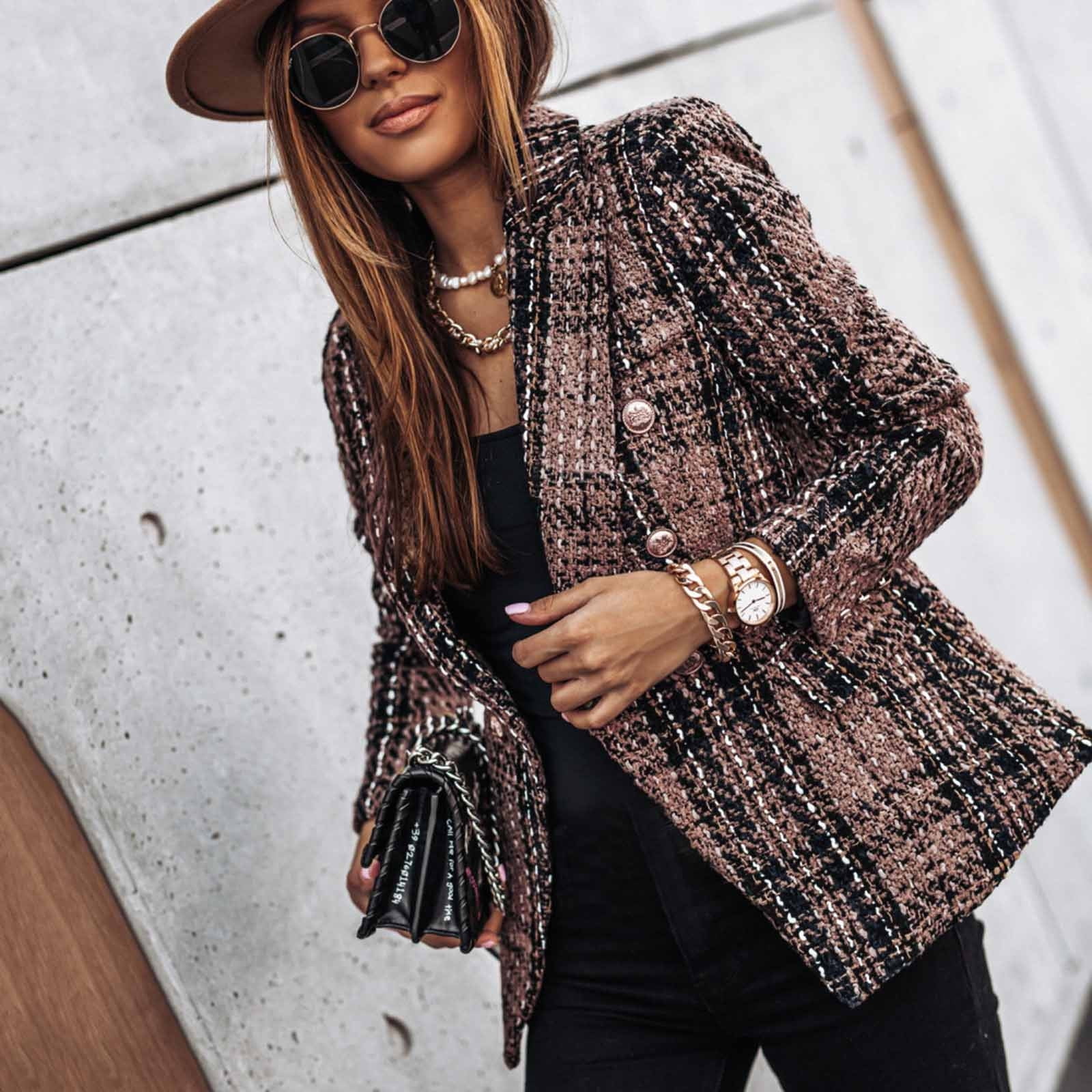 スーツ・フォーマル・ドレス PUFF CHECK JACKET WITH SKIRT PANTS Abcnature Women Plaid Check Suit Satin Jacket Formal Cardigan