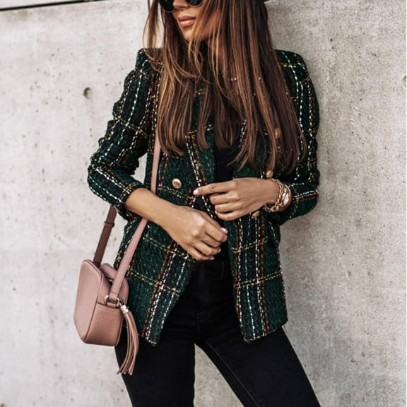 Abcnature Women Plaid Check Suit Satin Jacket Formal Cardigan Pocket Work Office Suit Coat Green 2XL