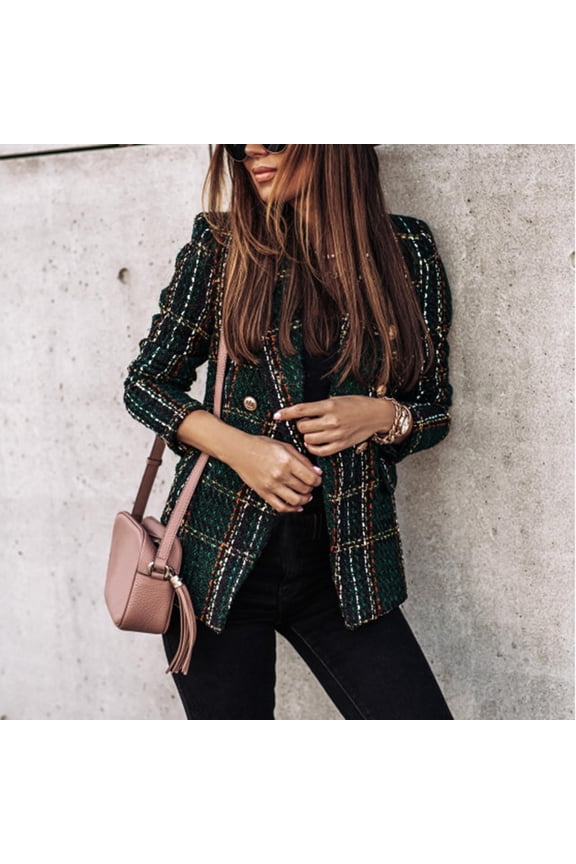 Women Plaid Check Suit Satin Jacket Formal Cardigan Pocket Work Office Suit Coat Green 2XL