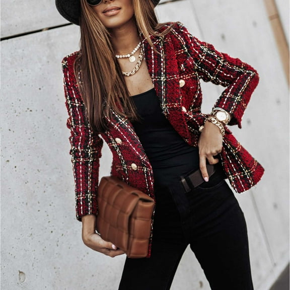 Abcnature Women Plaid Check Suit Satin Jacket Formal Cardigan Pocket Work Office Suit Coat Wine 2XL
