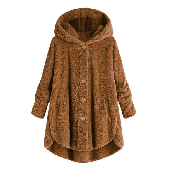 Abcnature Women Plus Size Button Plush Tops Hooded Loose Cardigan Wool Coat Winter Jacket Brown S