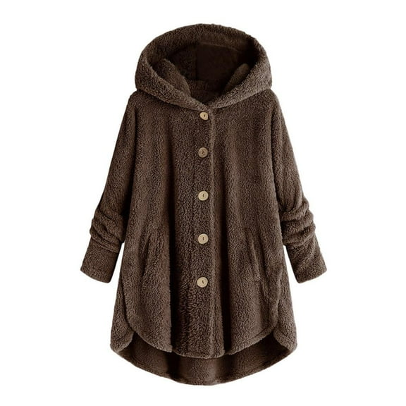 Abcnature Women Plus Size Button Plush Tops Hooded Loose Cardigan Wool Coat Winter Jacket Coffee L