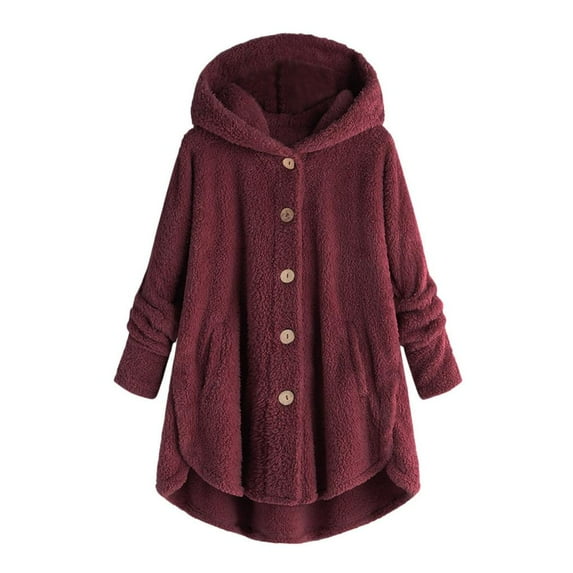 Abcnature Women Plus Size Button Plush Tops Hooded Loose Cardigan Wool Coat Winter Jacket Wine S
