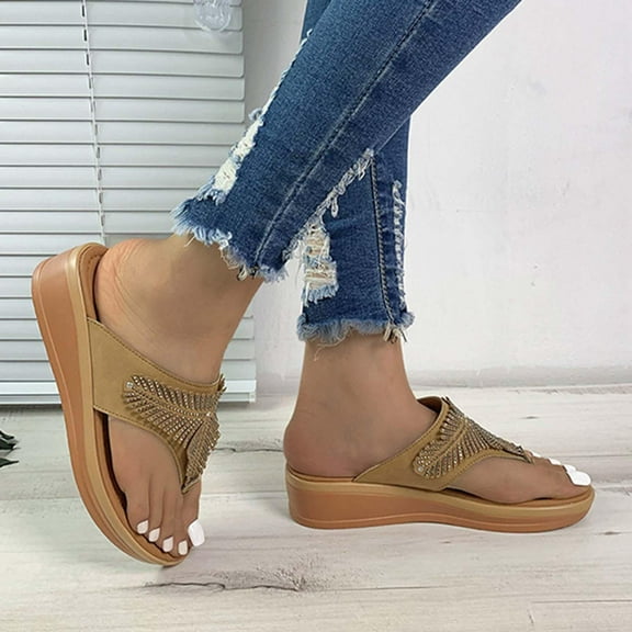 Abcnature Women Sandals Clearance 2023! Women's Flip-Flops with Arch Support Slope Heel Slippers Casual And Lightweight Thick Soled Rhinestone Sandals Summer Athletic Outdoor Beach Sandals