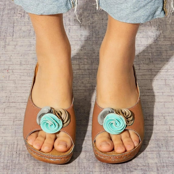 Abcnature Women Sandals Clearance 2023! Women's Platform Wedge Sandals with Arch Support Casual Flower Slippers Fish Mouth Shoes Thick Sole Sloping Heel Sandals Summer Athletic Outdoor Beach Sandals