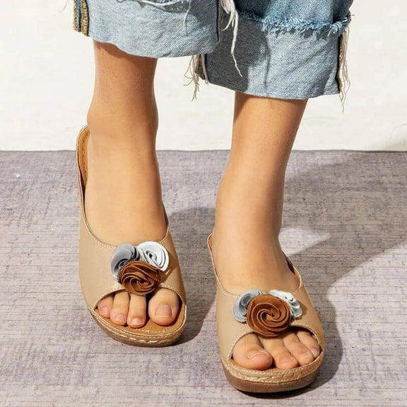 Abcnature Women Sandals Clearance 2023! Women's Platform Wedge Sandals with Arch Support Casual Flower Slippers Fish Mouth Shoes Thick Sole Sloping Heel Sandals Summer Athletic Outdoor Beach Sandals