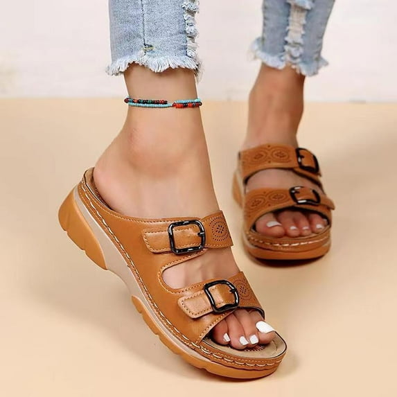 Abcnature Women Sandals Clearance 2023! Women's Platform Wedge Sandals with Arch Support Vacation Comfortable Belt Buckle Wedge Beach Sandals Summer Athletic Outdoor Beach Sandals