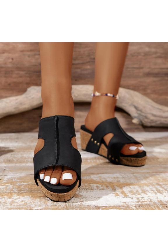 Women Sandals Clearance 2023! Women's Platform Wedge Sandals Extremely Comfy Slides Sandals Roman Style Sloping Heel Thick Sole Hollow Fish Beak Sandals High Heel Slippers