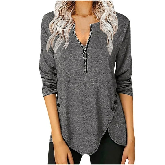 Abcnature Women Solid Color Buttons Zipper Long Sleeve V-Neck Loose Shirt Blouse Top Plus Size Tops for Ladies Autumn Winter Casual Loose Tunic Blouse Gray M