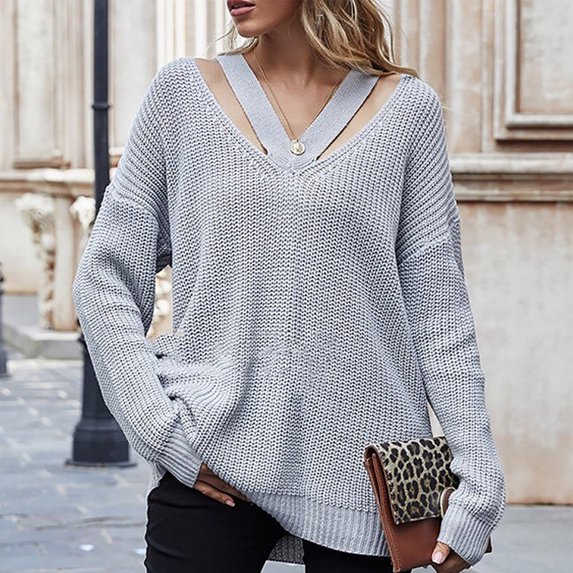 Abcnature Women Solid Color Loose Knit Sweater Temperament Stitching V-neck Tops Plus Size Tops for Ladies Autumn Winter Casual Loose Tunic Blouse Gray M