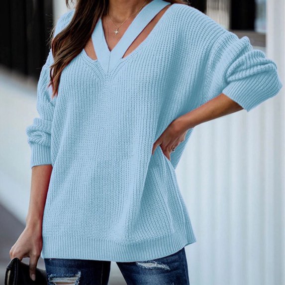 Abcnature Women Solid Color Loose Knit Sweater Temperament Stitching V-neck Tops Plus Size Tops for Ladies Autumn Winter Casual Loose Tunic Blouse Light blue L