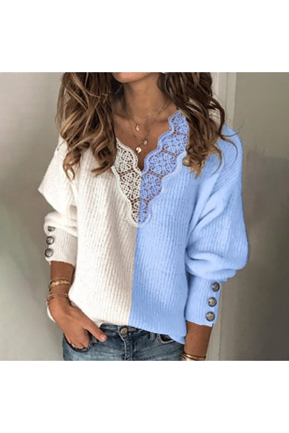 Women Summer Fashion Casual Loose Splicing Full-Sleeve Button V Neck Lace Blouse Plus Size Tops for Ladies Autumn Winter Casual Loose Tunic Blouse Blue M