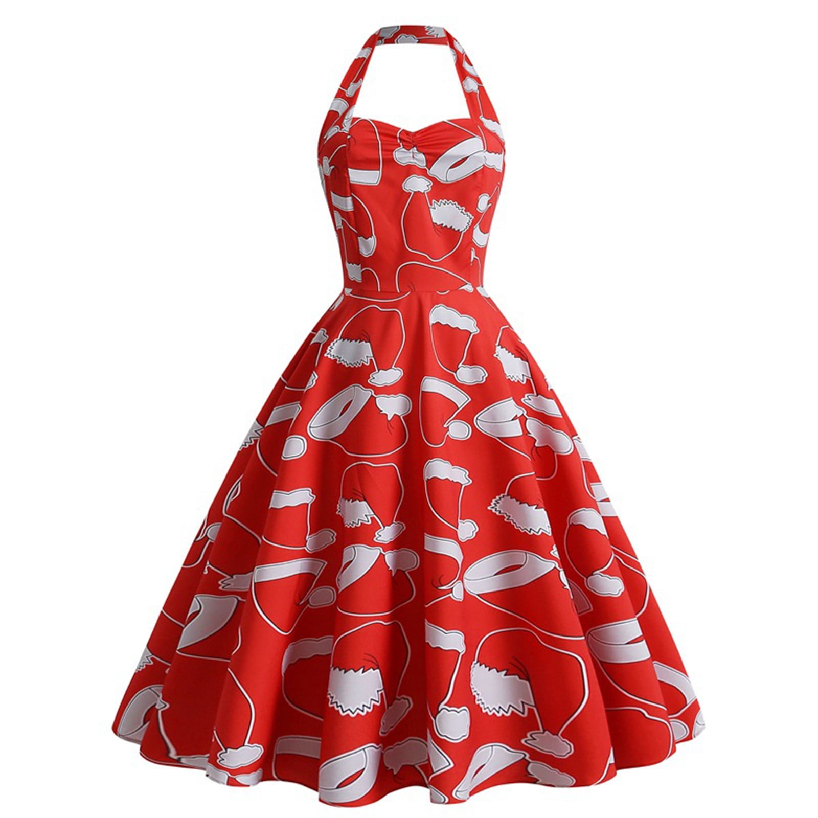 Abcnature Women Vintage Dress,Cocktail Halter Dress,50s Dress Rockabilly  Bandage Dress,Fashion Sleeveless Christmas Santa Swing Dress,Retro Cocktail  Prom Dresses L