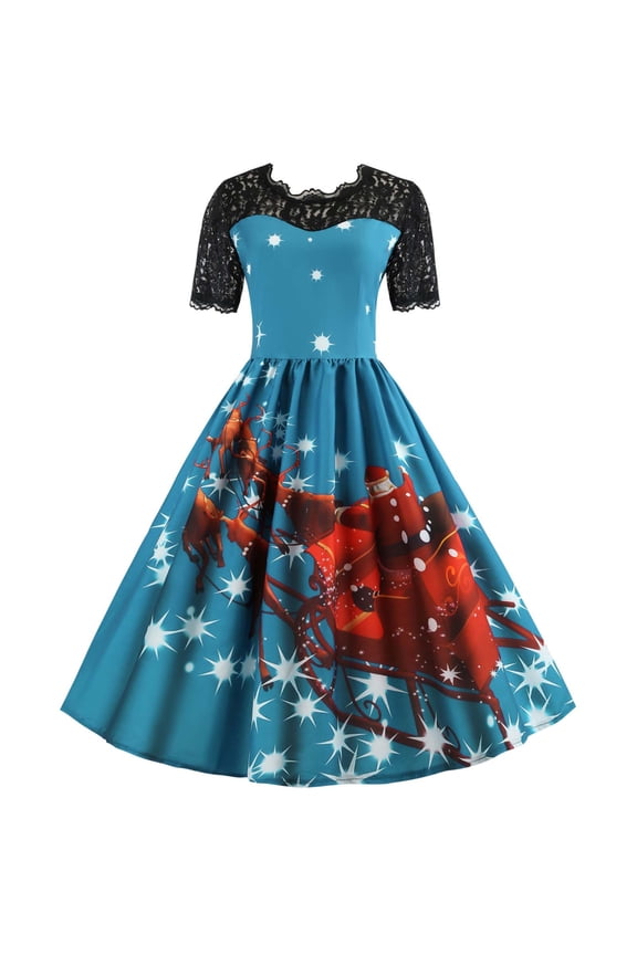 Women's 50s 60s Vintage Short Sleeves V-Neck Cocktail Swing Dress,Retro Tea Dress,Christmas Evening Party Swing Dress,Party Cocktail Dress for Women,Plus Size Princess Dress L