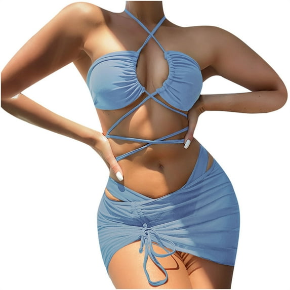 Abcnature Women's Bikini Swimsuits Sets, Thong Bikini Sets Cross Sling High Waist Shorts Costume 3-piece Split Swimwear Bikini Sets for Women Light Blue M