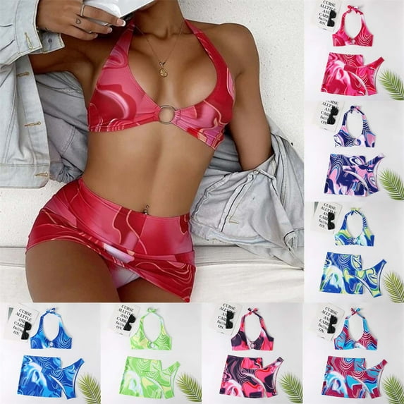 Abcnature Women's Bikini Swimsuits Sets, Thong Bikini Sets Three-piece Bikini Three-piece Sexy Short Skirt With Chest Pad Without Underwire Swimwear Bikini Sets for Women Blue L