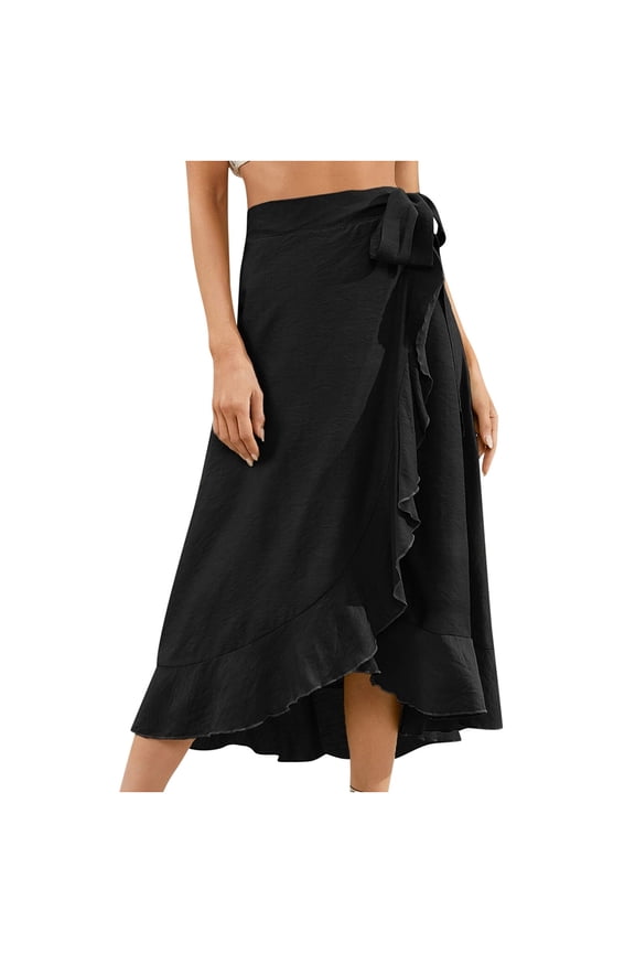 Women's Casual Slit Wrap Asymmetrical Elastic High Waist Maxi Draped Skirt Summer Soft Fit Flowy Handkerchief Hemline Midi Skirt Irregular Hip Pack Solid Skirt Recommend Weight 99 to 110lb