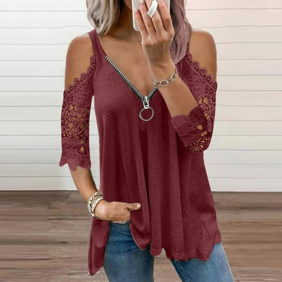 Abcnature Women's Cold Shoulder Tops Summer Casual Short Sleeve Lace Loose Shirts Blouses Half Sleeve Neck Zipper Hollow Out Blouse Wine XL