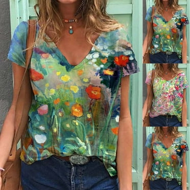 Abcnature Women's Crew-Neck Short Sleeve Tee Shirts, Spring Printed Workout Top Casual Tunic Tops Blouses Green S