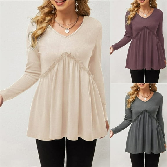 Abcnature Women's Fall Long Sleeve V-Neck T-Shirt Sleepwear Tunic Tops Blouse Shirts, Solid Ruffles Patchword Blouse T-Shirt, Long Sleeve Tunic T-Shirt Blouse Khaki L
