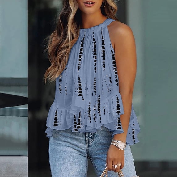Abcnature Women's Halter Neck Tank Tops Summer Floral Sleeveless Shirts Casual Loose Tank Pleated Camisole Tank Blouse Tops Recommend Weight 88 to 99lb