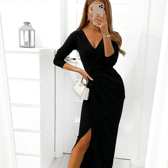 2021 autumn cross-border new V-neck long sleeve split dress evening dress.