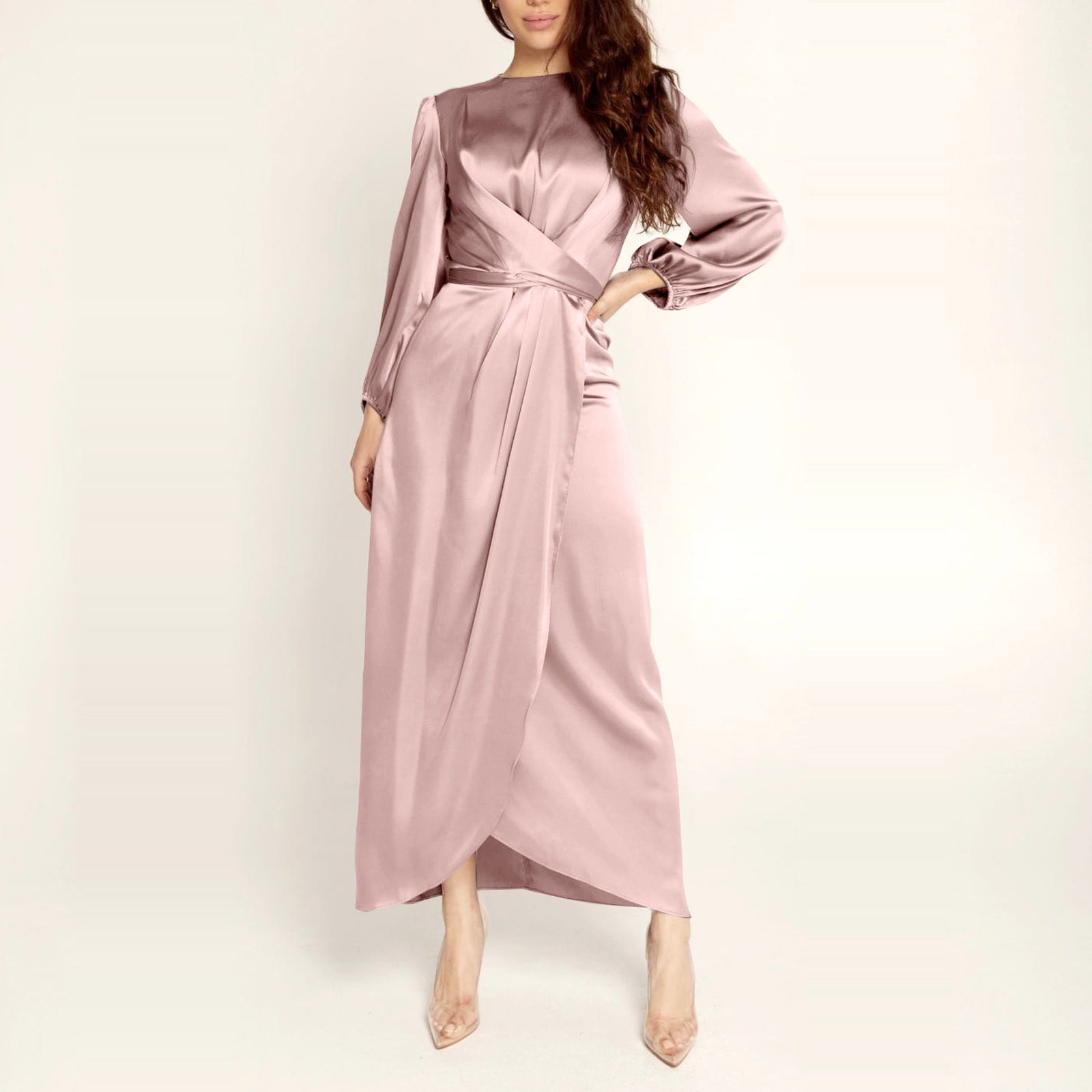 Abcnature Women's Long Sleeve Midi Long Dress Wrap Round Neck Tiered Fall  Vintage Maxi Dresses Solid Satin Soft Waist and Ankle Dress Pink XXL -  Walmart.com