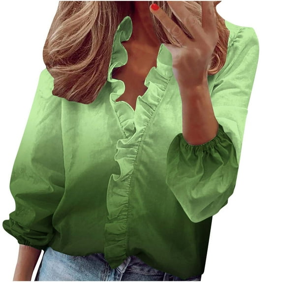 Abcnature Women's Long Sleeve Ruffle Stitching Button Down Shirts, Business Casual Work Solid Color Print Work Tops, Plus Size Loose Fit Casual V-Neck Roll up Sleeve Button Down Blouses Tops (S-5XL)
