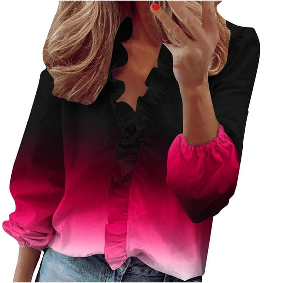 Abcnature Women's Long Sleeve Ruffle Stitching Button Down Shirts, Business Casual Work Solid Color Print Work Tops, Plus Size Loose Fit Casual V-Neck Roll up Sleeve Button Down Blouses Tops (S-5XL)