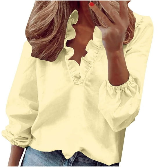 Abcnature Women's Long Sleeve Ruffle Stitching Button Down Shirts, Business Casual Work Solid Color Print Work Tops, Plus Size Loose Fit Casual V-Neck Roll up Sleeve Button Down Blouses Tops (S-5XL)
