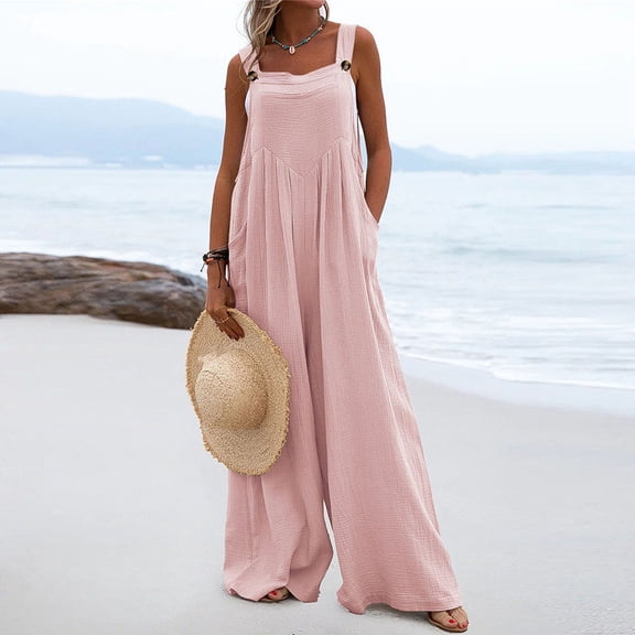 Abcnature Women's Loose Sleeveless Jumpsuits Adjustable Spaghetti Strap Stretchy Long Pant Romper with Pockets, Solid Button Suspender Jumpsuits Wide Pocket Leg Pant Recommend Weight 88 to 99lb