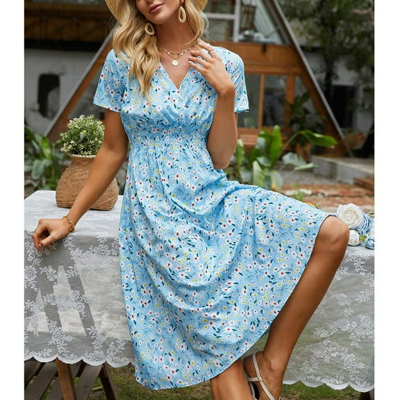 Abcnature Women's Short Sleeve V Neck Wrap Dress Floral Midi Sundress with Pockets Slim Dress Blue S