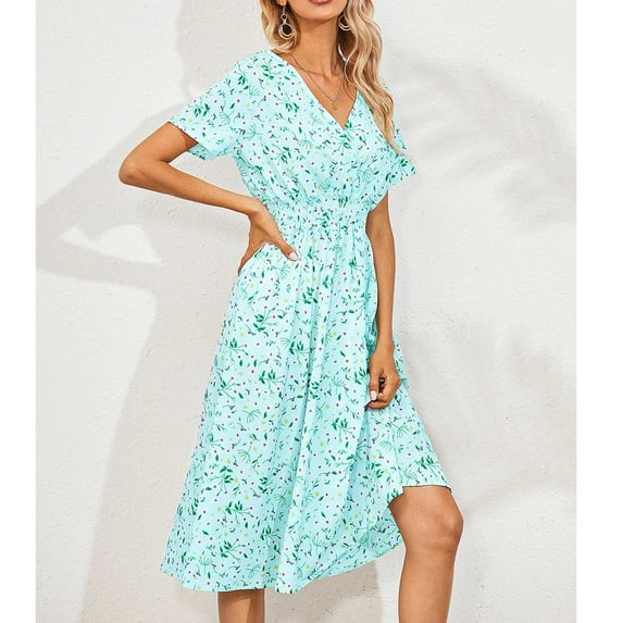 Abcnature Women's Short Sleeve V Neck Wrap Dress Floral Midi Sundress with Pockets Slim Dress Light blue XL