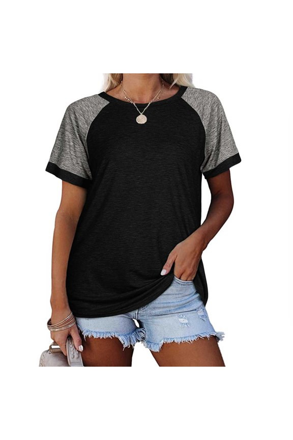 Women's Summer Tops Color Block Tunics Casual Long/Short Sleeve T Shirt Camo Striped Blouse Tops Black XXL