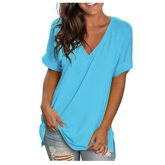 Abcnature Women's V Neck T Shirt Rolled Sleeve Side Split Loose Tunic Tops Blue M