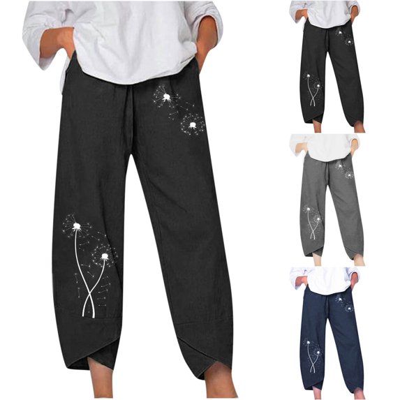 Abcnature Women's Wide Leg Pants, Plus Size Linen Harem Pants Casual Summer Printed Pants with Pockets Black S