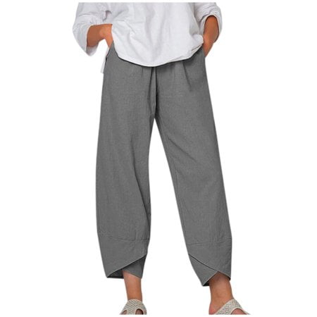 Abcnature Women's Wide Leg Pants, Plus Size Linen Harem Pants Casual Summer Printed Pants with Pockets Gray XXL