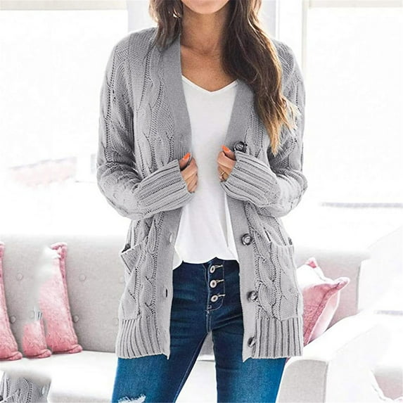 Abcnature Womens Boho Patchwork Cardigan Long Sleeve Open Front Knit Sweaters Coat Pockets Gray M